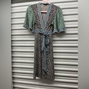 BCBGMaxAzria Brown and Blue Wrap Midi Dress